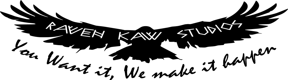 Logo of Raven Kaw Studios featuring an eagle with outstretched wings, accompanied by the text 'You Want it, We make it happen.'